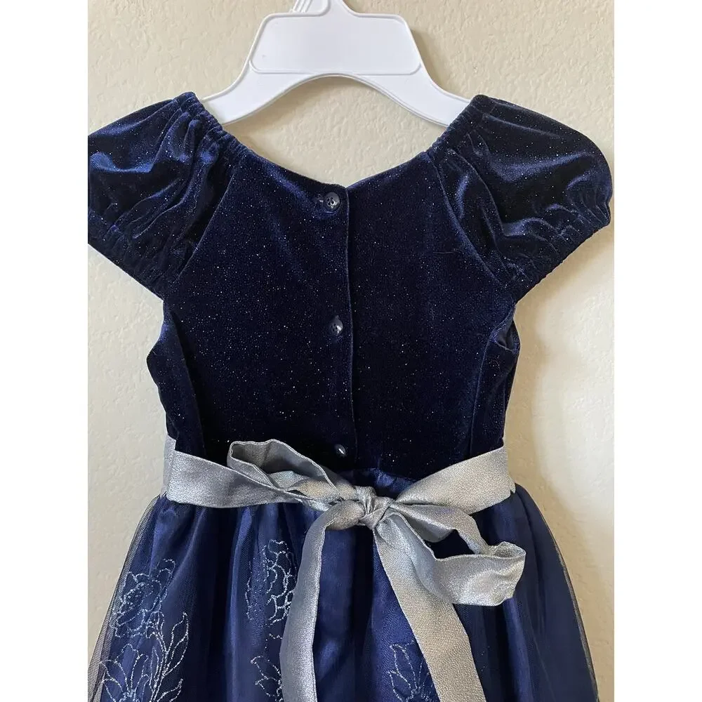 Jona Michelle Blue Silver Sparkle Cap Sleeve Pleated Lined Girls' Dress Size 7